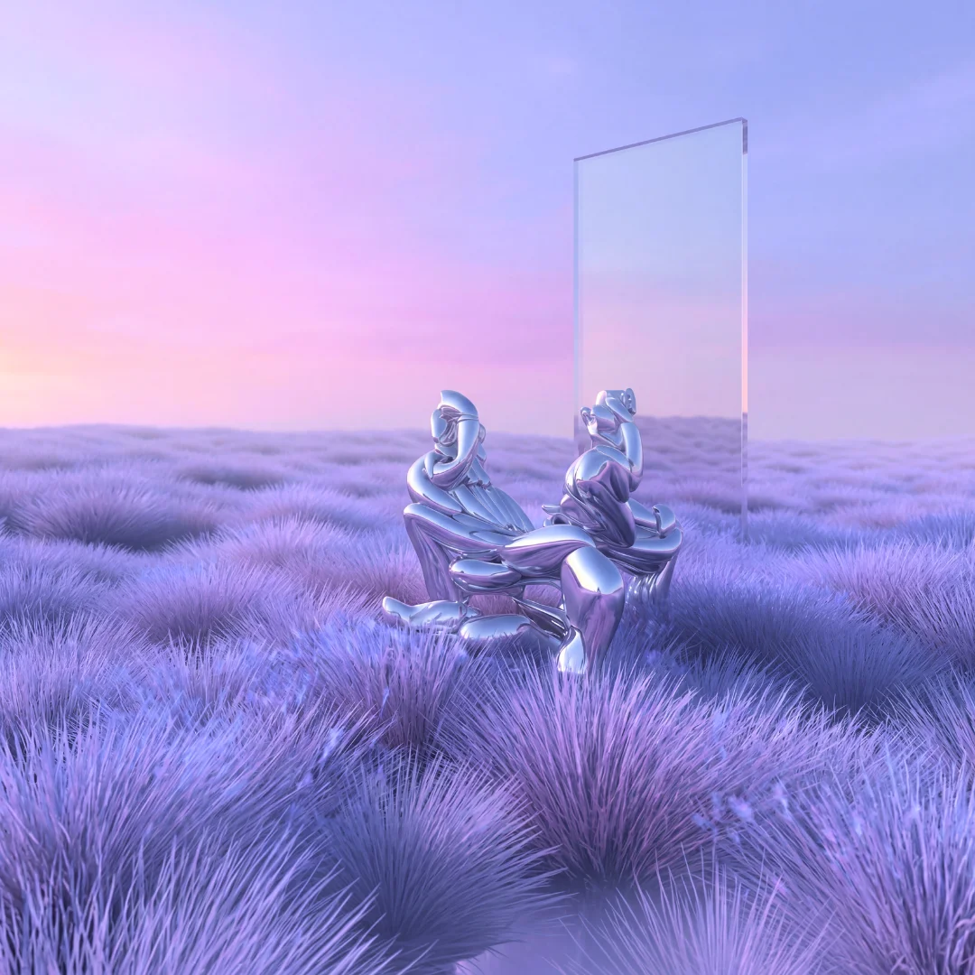 Render 3D: figure cromate riflesse in uno specchio tra la lavanda