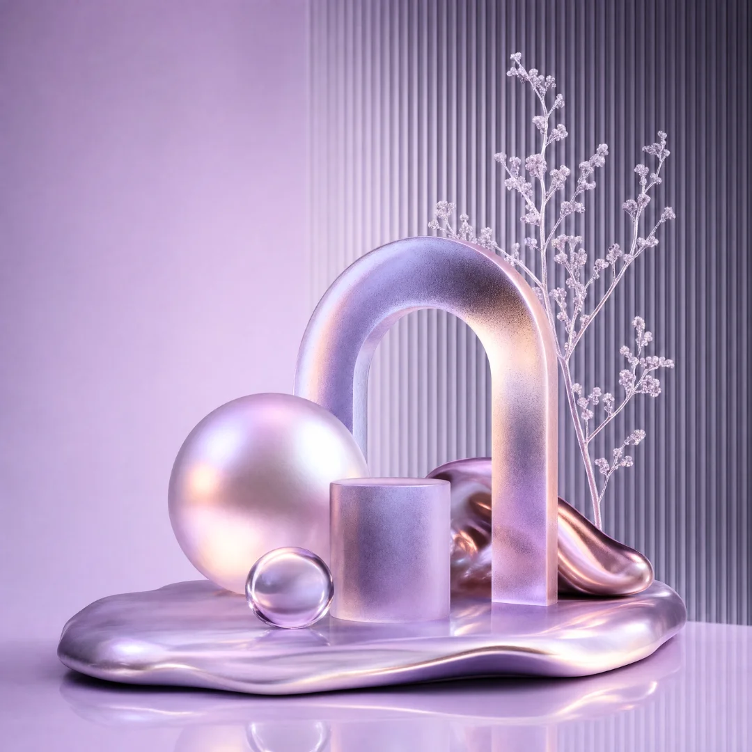 Render 3D: forme perlacee in equilibrio su una superficie riflettente